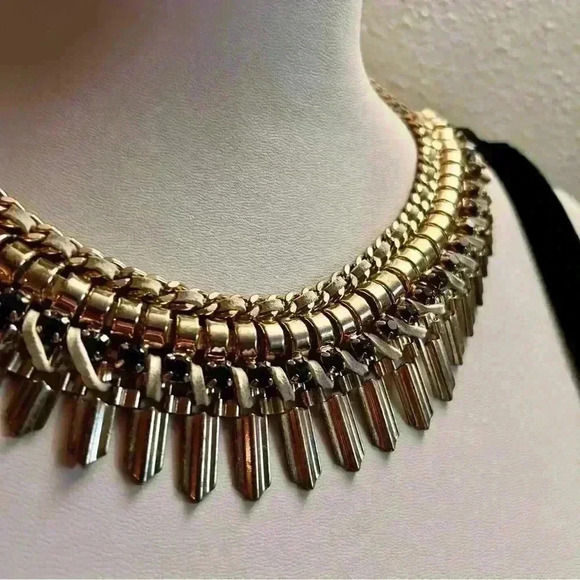 Vintage Retro Gold Tone Links, Leather and Crystals Statement Necklace - Picture 3 of 4
